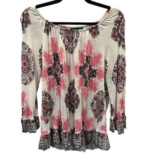 INC International Concepts White Tunic with Pink and Black Medallion Print